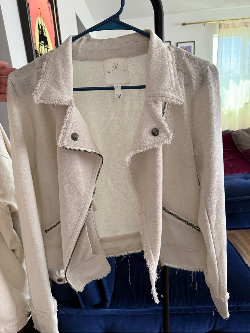 Leith Ivory Fringe Trim Faux Leather Moto Jacket